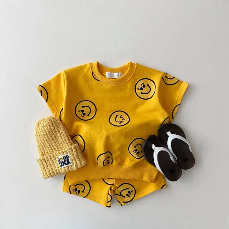Spring Summer New Cotton Baby Clothes Set Boys And Girl Cute Smiley Print Tops + Shorts 2pcs Kids Children Clothing Suit