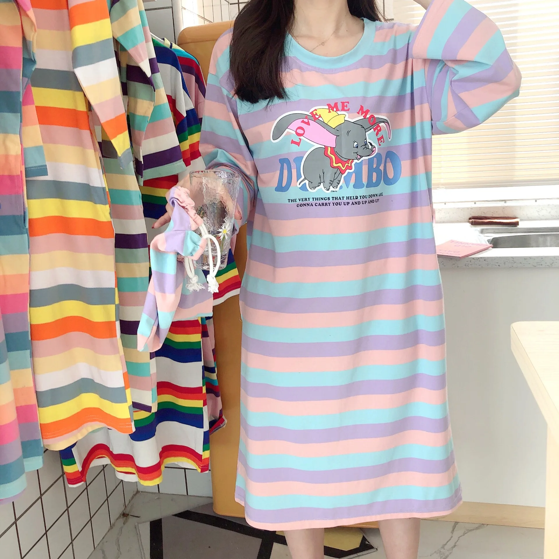 

777148 # Small F like Rainbow Bridge HX Pullover Sweet Long Sleeve Nightgown Homewear Set Series