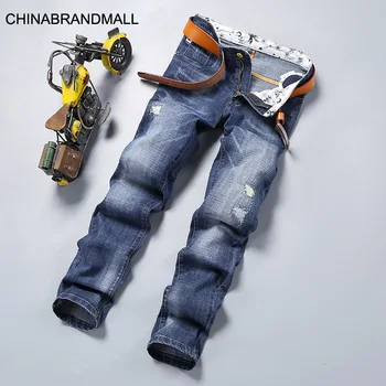 

Xbl302 # Season Hole Jeans Men Small Straight Cylinder Slim Fit Elastic Force Trousers 28-38