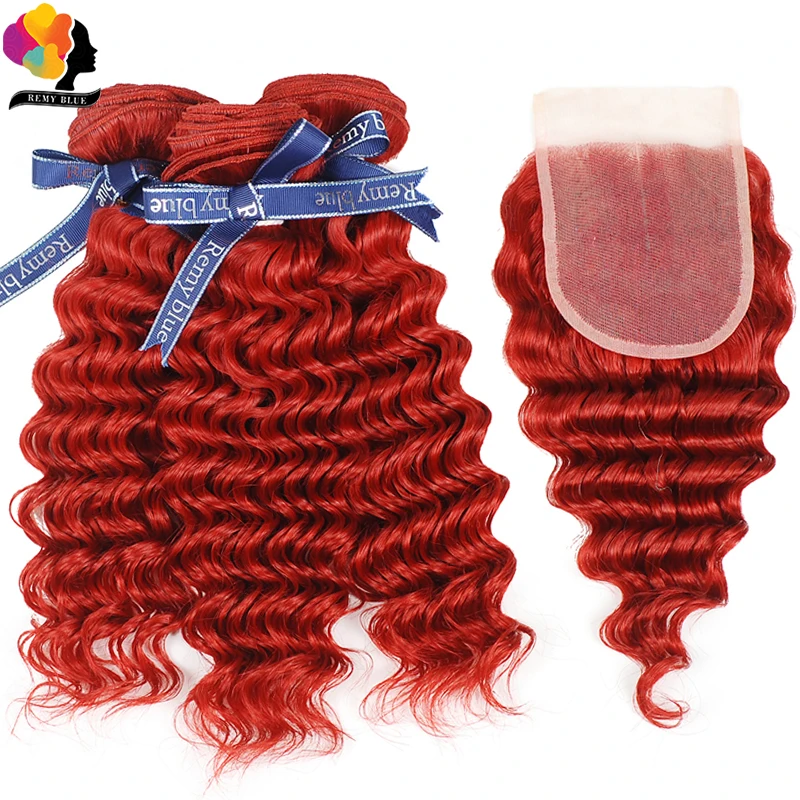 

Remyblue Red Colored Bundles With Closure Deep Wave Human Hair Bundles With Closure Peruvian Remy Hair 3 Bundles with Closure