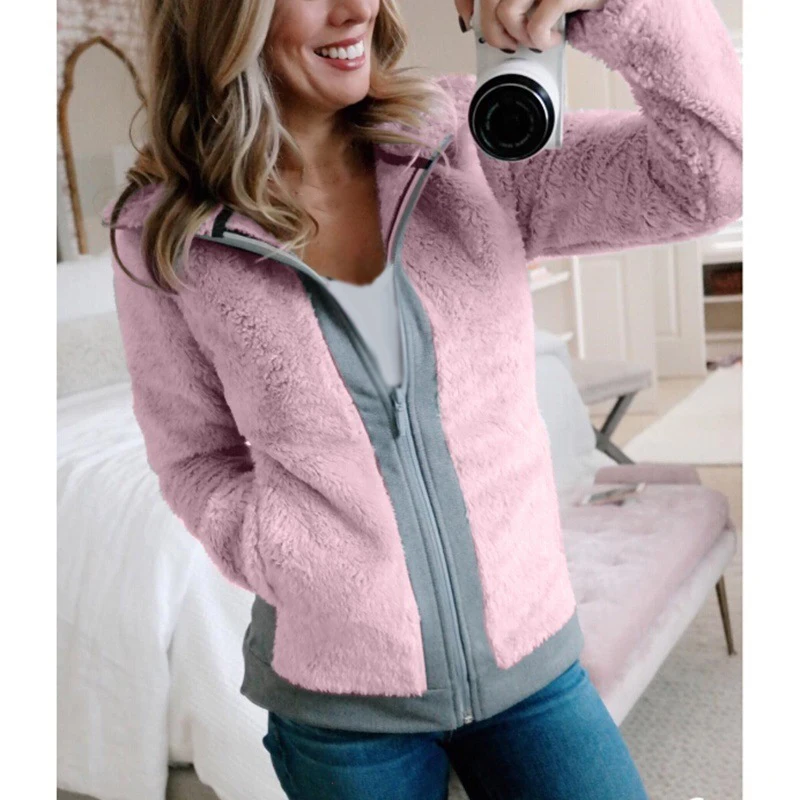 

Ladies Autumn jacket Fashion Casual Coat Plush Zipper Pocket Warm fall spring women leisure outwear clothes sweet cute jacket