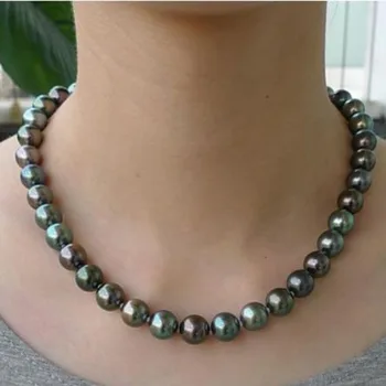 شراءStunning11-12mm المياه العذبة مستديرة الطاووس الأخضر اللؤلؤ قلادة 18