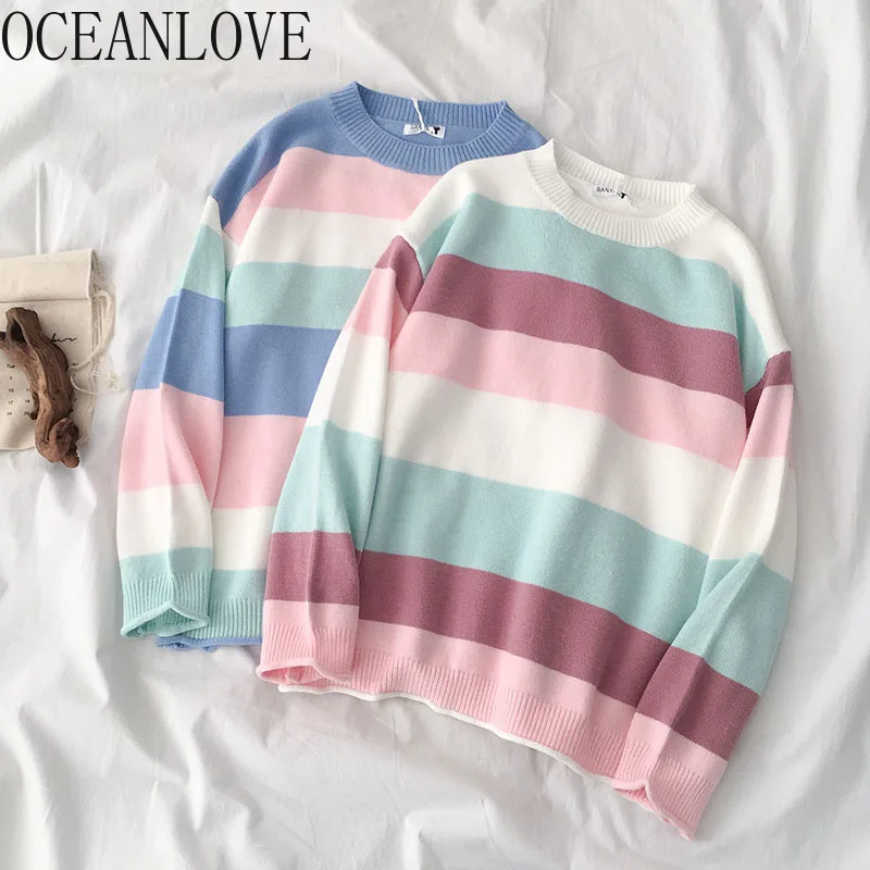 OCEANLOVE Pullovers 2020 Fashion Striped Women Sweaters O Neck Sweet Student Korean Sueter Mujer Winter Clothes Panelled 13219 | Женская