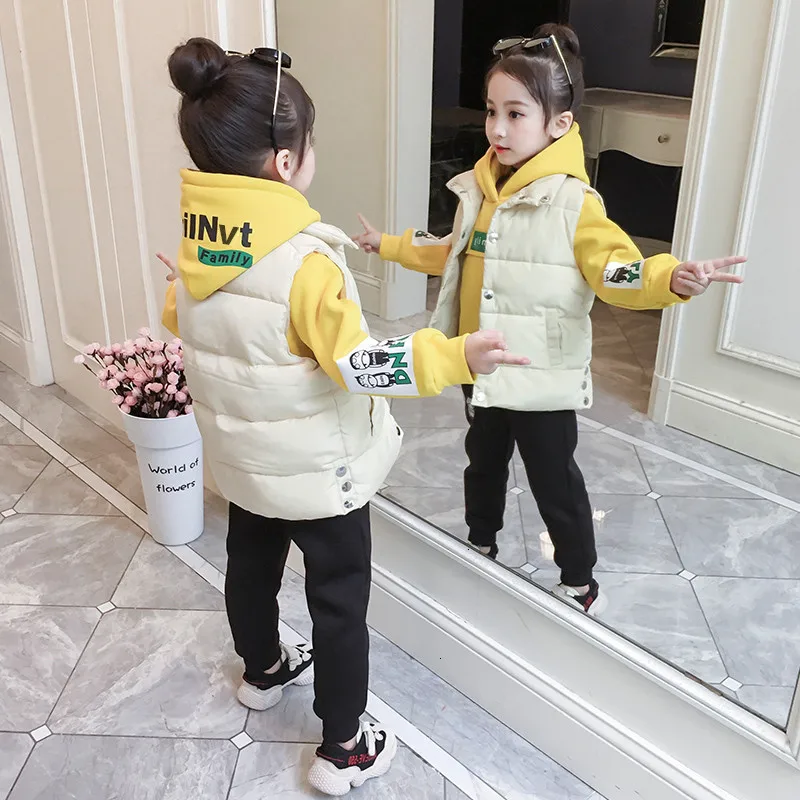 

2019 Winter Girl Suit Children Warm Thickening Clothes Set Cotton Vest Hoodies Trousers Three-piece Set 4-14 Years Girl Clothing