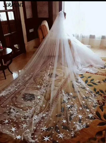 SERMENT New Lace Flowers Bridal Veil Classic Cathedral Long Veil One-Layer 400cm Shoulder Length Veil Wedding Accessories