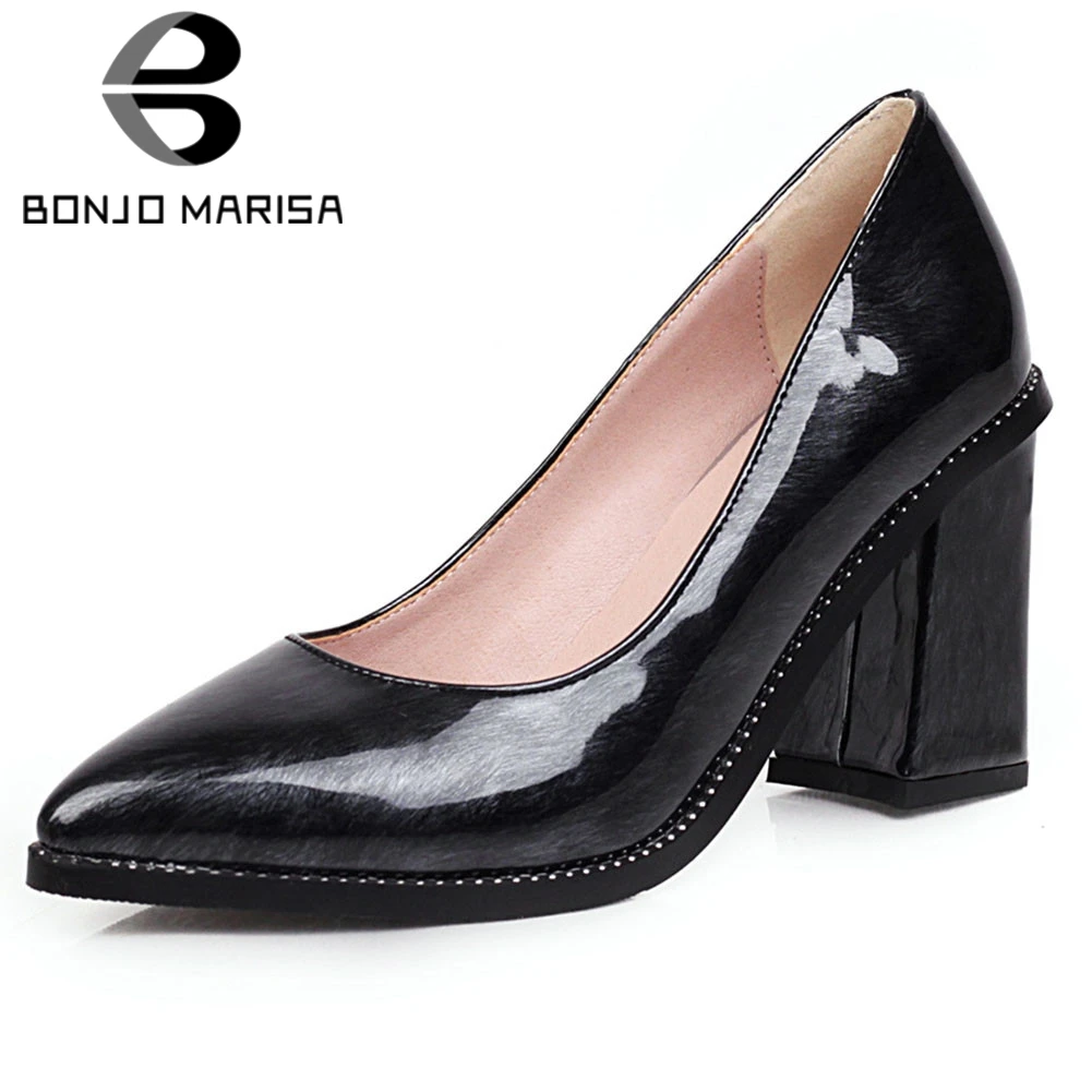 

BONJOMARISA 2020 New Design Platform Pumps Fashion mixed-color OL Pumps Women Pointed Toe High Block Heels Shoes Woman