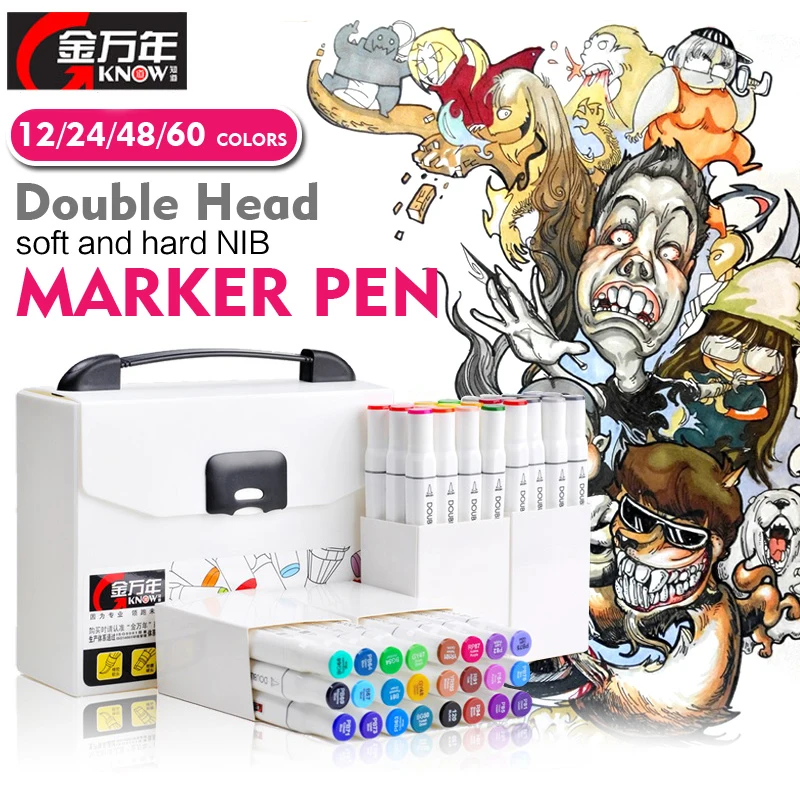 

GKNOW 12/24/48/60Color Dual Head Brush Marker Set Alcohol Based Oily Art Sketch Markers Pen for Design Art Supplies