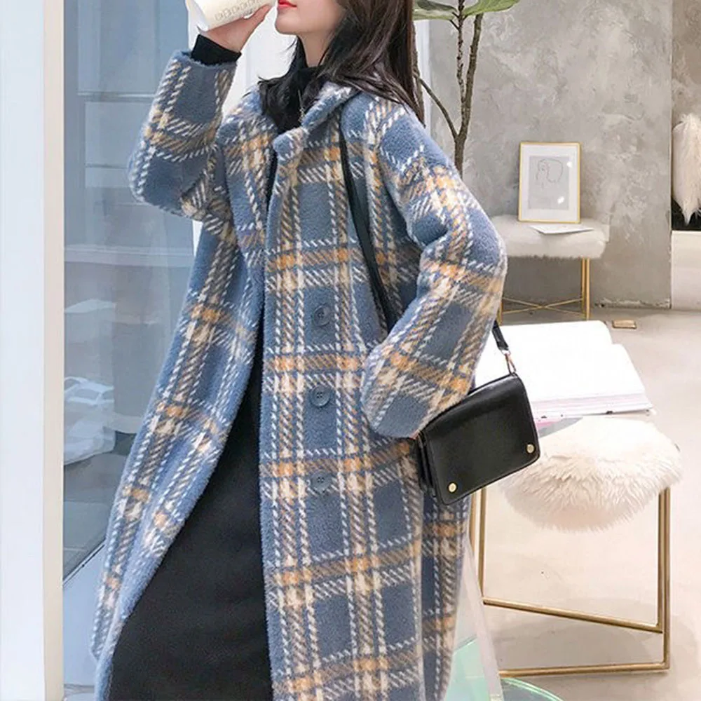 

Medium Length Plaid Mink Fur Coat Women New Autumn Winter 2020 Korean Loose Thickened Knitted OverCoat Japanese Female Outwear