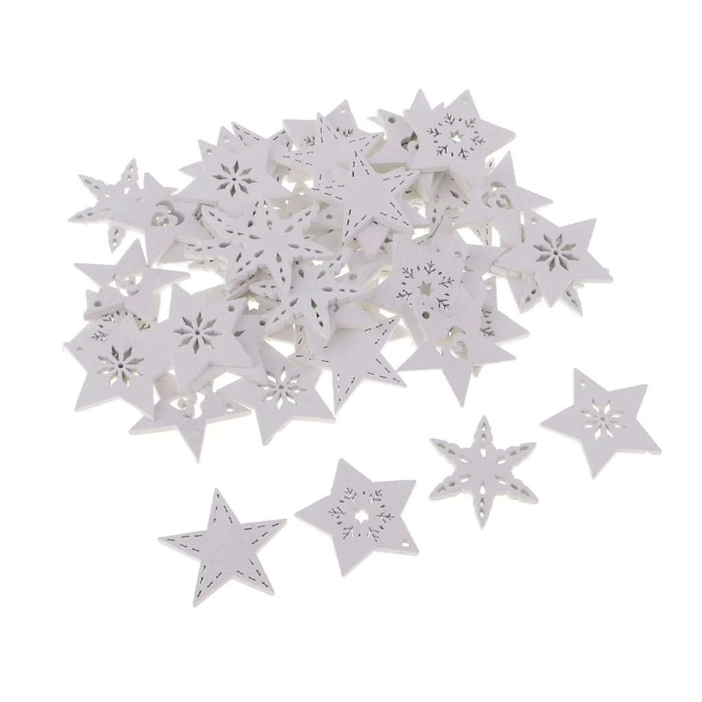 50PCS WOODEN WHITE CHRISTMAS CRAFT STAR SHAPES 3MM GIFT TAGS/EMBELLISHMENTS