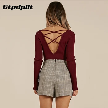 

Gtpdpllt Aututmn V neck sweater women Backless Criss Knitted Long Sleeve pullover Tops pull femme nouveaute 2019 jersey mujer