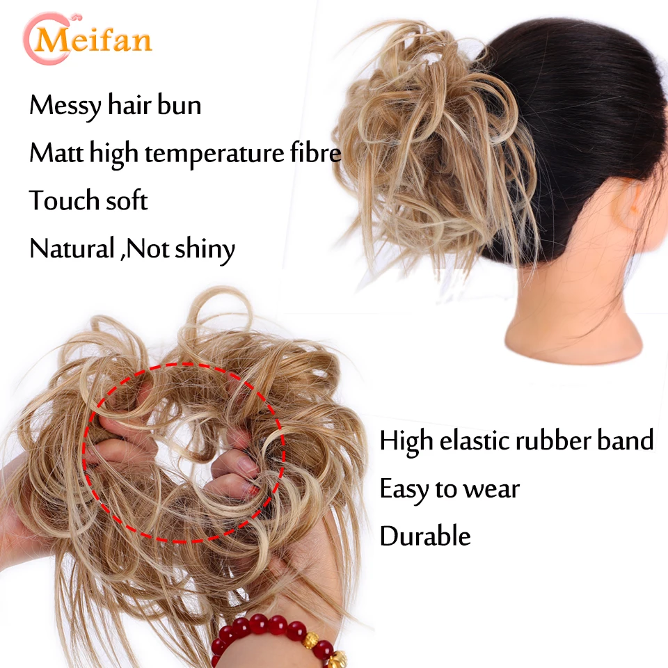 MEIFAN Synthetic Messy Fluffy Hair Bun Tousled Hairpiece Elastic Band Chignon Scrunchie Ponytail Extensions Hair Bow for women image_2