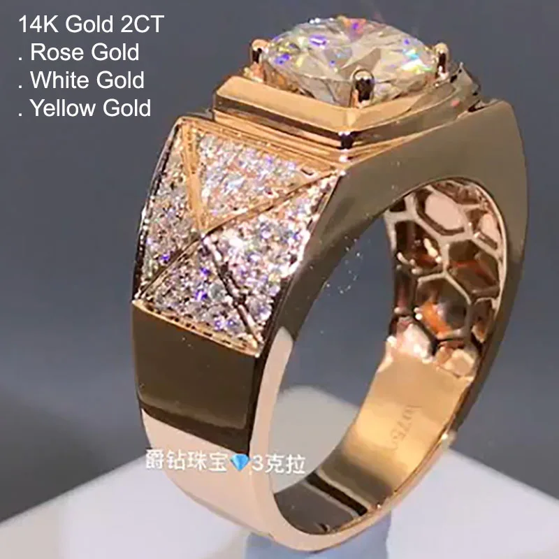 14K золото 2 карат муасанит бриллиант мужское кольцо Круглый Роскошный круглый