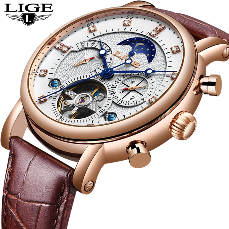 Бренд lige Tourbillon модные часы в деловом стиле автоматические механические мужские