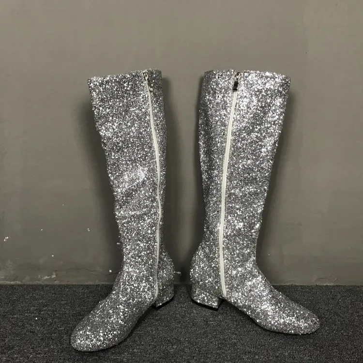 Olomm New Fashion Women Knee High Glitter Boots Square Low Heels Boots Round Toe Silver Club Wear Shoes Women Plus US Size 5-15