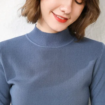 

2020 Ladies Solid Color Half High Neck Solid Color Long Sleeve Knitted T-shirt New gray