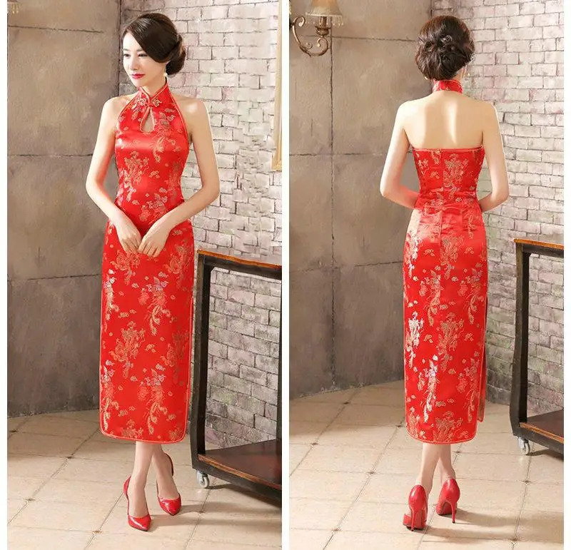 Черный, красный цветочный без спинки леди Qipao Сексуальная атласная Vestido винтажная Кнопка Cheongsam воротник мандарина Новинка сценическое шоу одежда - Цвет: Red A