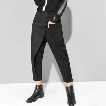 

2020 New Spring Black Loose High Waist Flat Elastic Waist Women Fashion Tide Wide Leg Ankle-length Pants