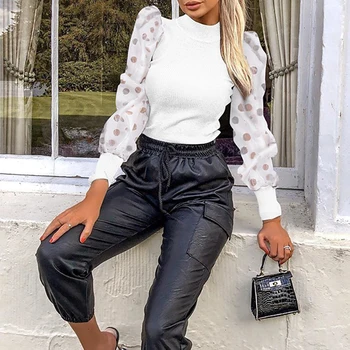 

Women Long Sleeve Polka Dot Pattern Patchwork Knitted Jumpsuit Bodysuit Bodycon Romper Casual Playsuits 3Colors