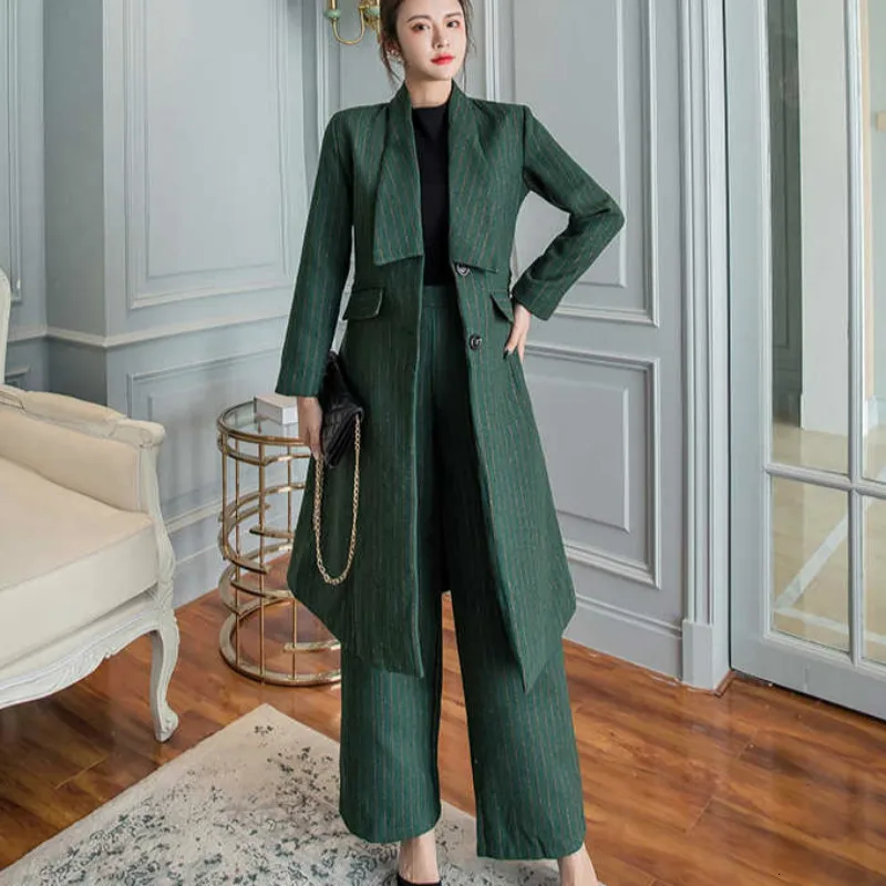 

Autumn Winter Fashion OL Pants Suits Women Blazer 2 Piece Set Long Striped Jacket Coat & Pants Two Piece Set Conjunto Feminino