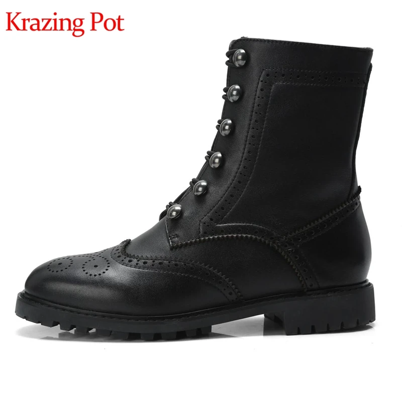 

Krazing pot genuine leather round toe metal decoration thick low heels ankle boots original design keep warm Chelsea boots L75