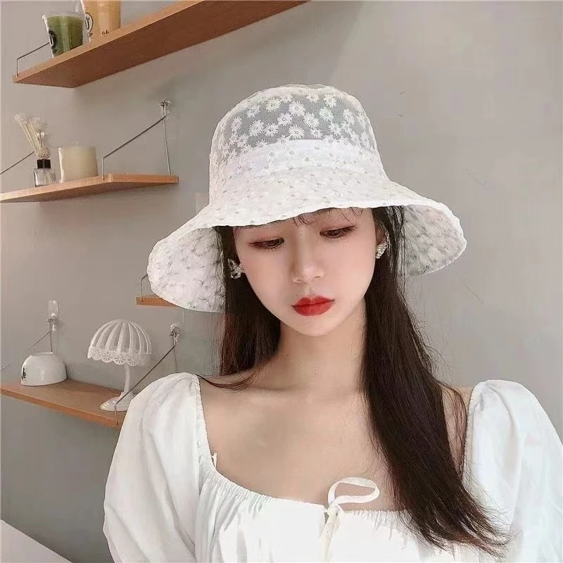 Sun hat women spring and summer daisy embroidery lace breathable fisherman bucket
