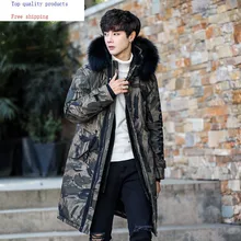 Новая зимняя мужская камуфляжная куртка с утиным пухом, длинный пуховик с воротником из меха енота, теплые мужские пуховики 19001 KJ3446