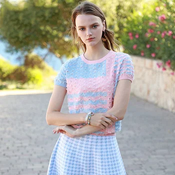 

Fashion Knit T Shirt Women Contrast Color Plaid TShirt 2020 Summer O-Neck Short Sleeve Tassel Tee Women Tshirt Summer Tops