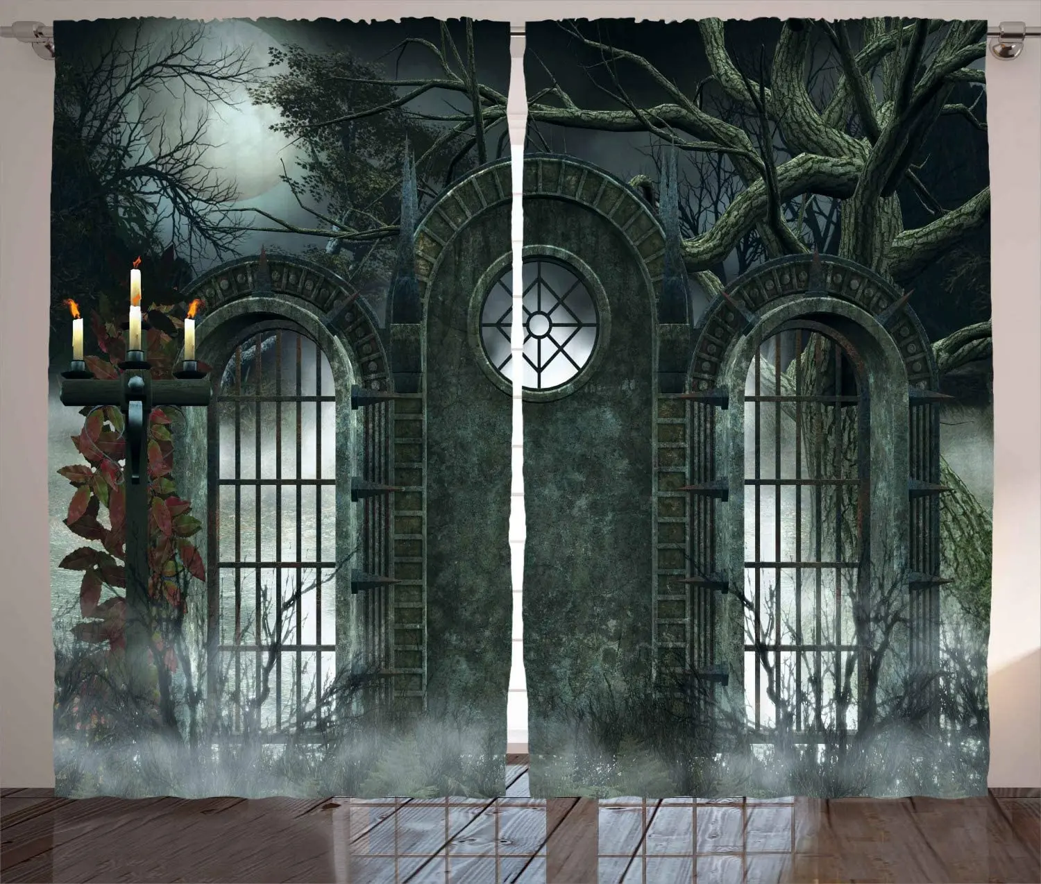 Gate of a Haunted House Halloween Scary Illustration Print Shower Curtain Set 