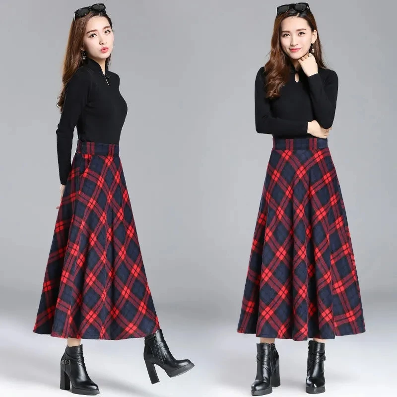 Printed Plaid Long Skirt Women's 2023 Autumn And Winter New  High Waisted A-Line Skirt Female With Pocket 831