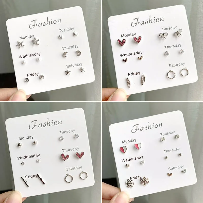 

EK490 6 Pairs Stud Earrings for Women Stars Heart Crystal Cute Earrings Set Fashion Jewelry Monday To Saturday Earring Brincos