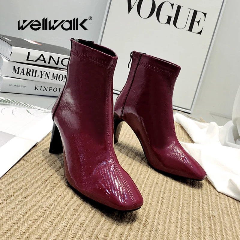 

Red Patent Short Boots Women Fashion Winter Shoes Square Toe Back Zip Design Ladies Dress Designer Booties Female Office Lady