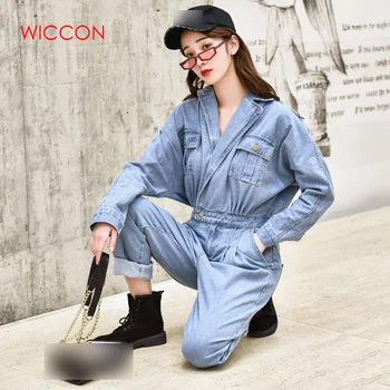 

Blue Elegant BF Streetwear Women Denim Jumpsuit Pants 2020 Autumn Long Sleeve High Waist Retro Jeans Overalls Rompers Female