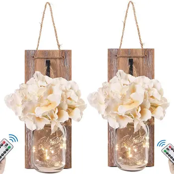 

Mason Jar Wall Sconces Fairy Lights Vintage Wrought Iron Hook Silk Hydrangea Flower with Remote Control LED Strip Lights