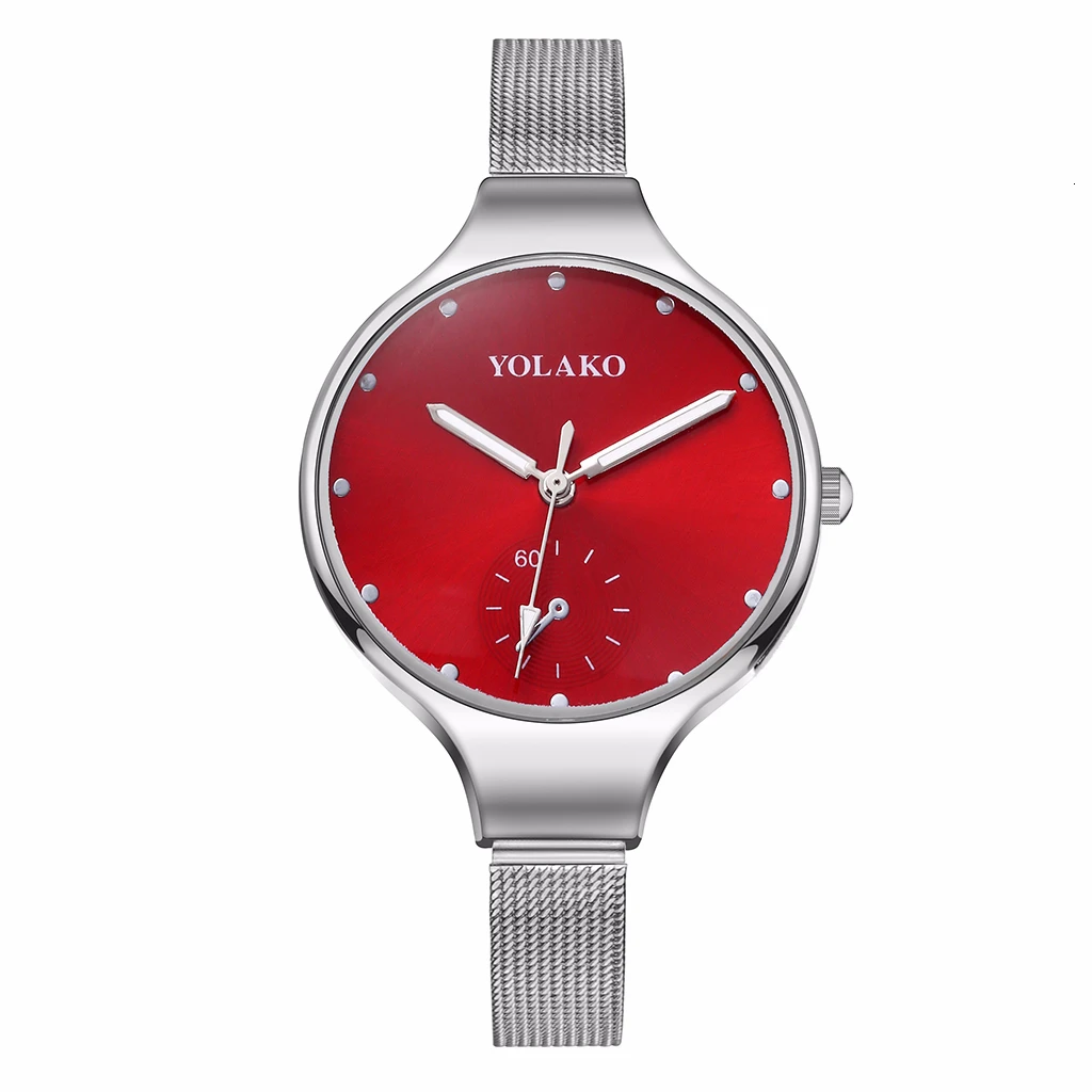 YOLAKO Брендовые женские Spuer тонкие наручные часы с ремешком-сеткой из нержавеющей стали женские роскошные высококачественные повседневные наручные часы подарок часы - Цвет: silver red