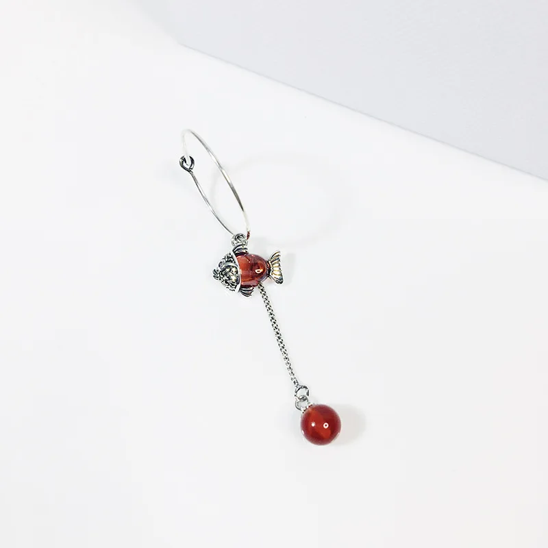 Горячая Распродажа, Винтажные серьги, серебро 925, красный камень, рыба, ассиметричные серьги для женщин, модное ювелирное изделие