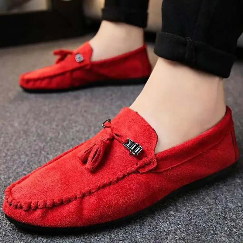 

Moccasins Mens Red Bottom Faux Suede Tassel Loafers Plain Round Toe Slip-on Fringed Flat Loafer Driving Soft Leather Shoe Black