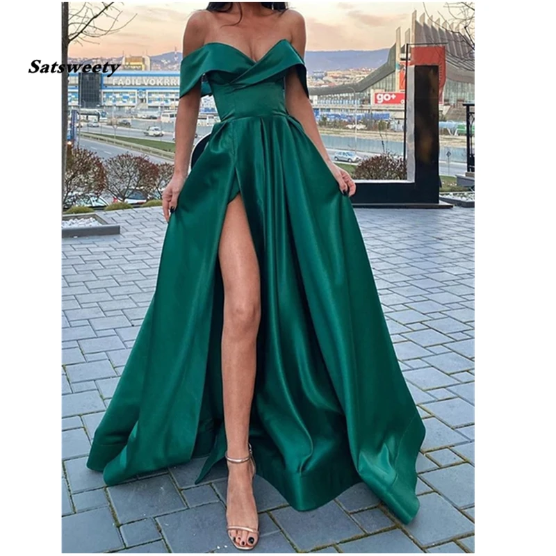 Emerald Green Satin Long Prom Dresses ...