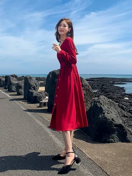 

Dress 2020 Popular WOMEN'S New Style French Long Long-sleeved Red Gentle Wind Waist Hugging Slimming Elegant Spring