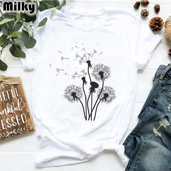 

New Dandelion Bouquet Print T Shirt Women Short Sleeve Casual Loose White T-Shirt For Girls Lady Vogue Tops Tees