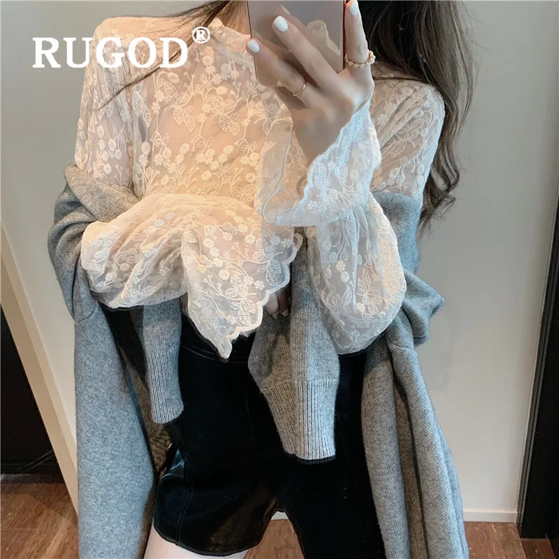 Женская кружевная блузка RUGOD Элегантная цвета хаки с длинным рукавом и