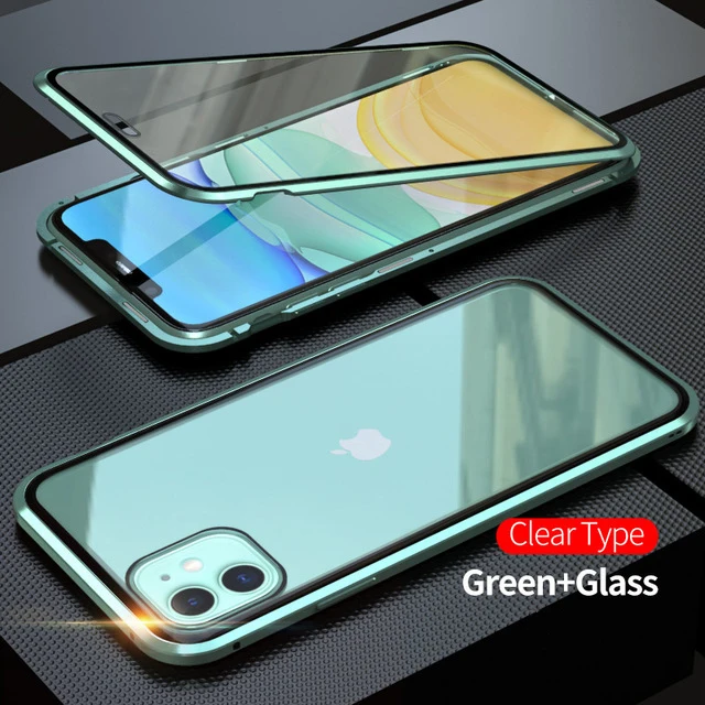 360 металлический магнитный чехол для телефона для iPhone 11 Pro Max чехол для iPhone XR X XS Max 6 6S 7 8 Plus двусторонний чехол из закаленного стекла - Цвет: Зеленый