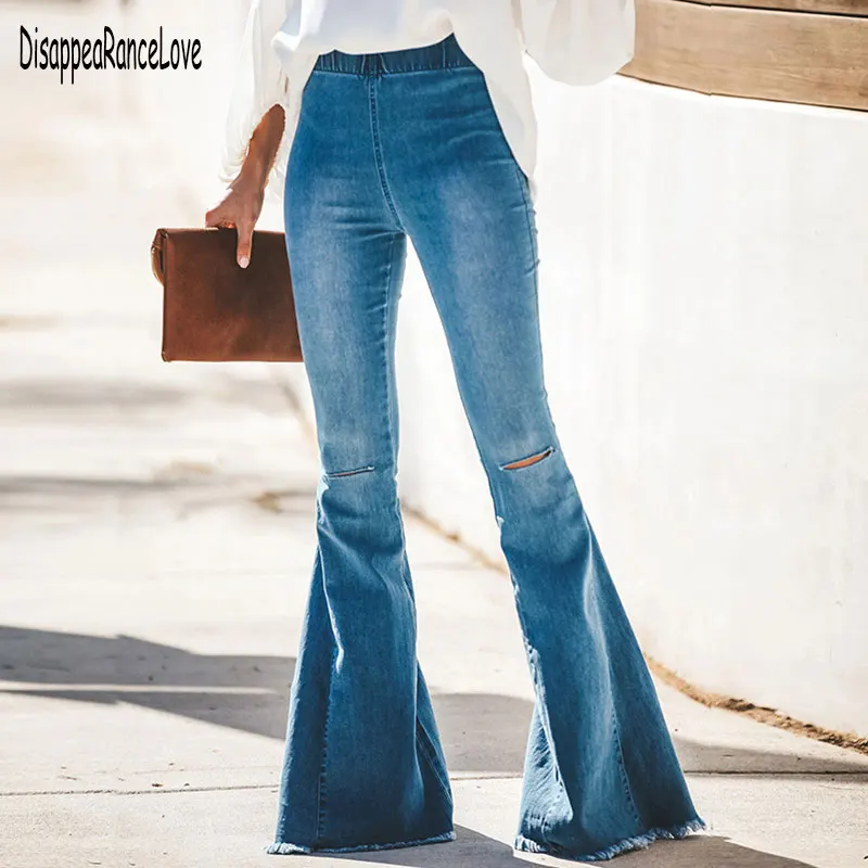 2020 Fashion Denim Flare Pants Women Retro Ripped Jeans Wide Leg Trousers Lady Casual Bell-Bottoms Pant Female | Женская одежда