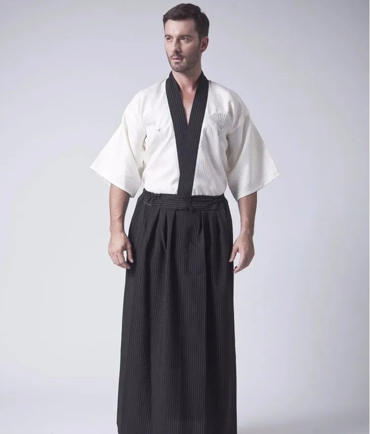 Vintage Black Japanese Men's Warrior Kimono With Obi Traditional Yukata Samurai Clothing Convention Costume Cosplay