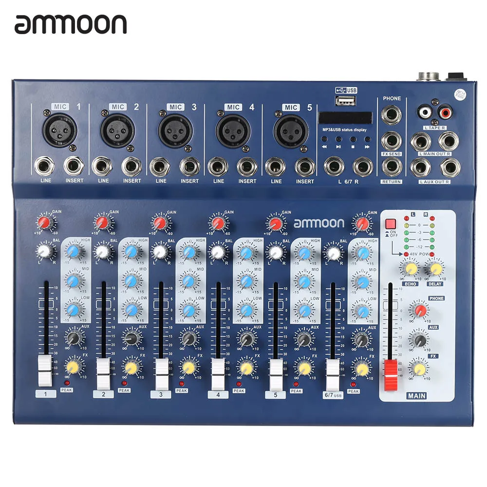 

ammoon F7-USB 7-Channel Digital Mic Line Audio Sound Mixer Mixing Console with USB Input 48V Phantom Power 3 Bands Equalizer