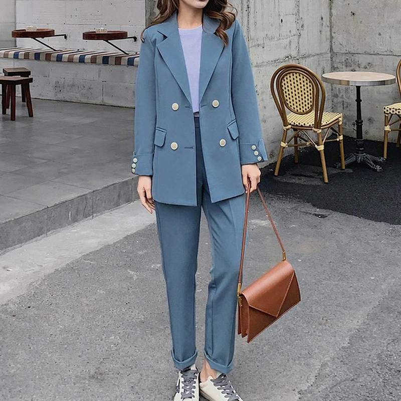 Complete Suit For Women 2 Piece Gray Blue Blazer Suits Office Ladies Long Sleeve Double-breasted Pocket 2020 Spring Slim Pant