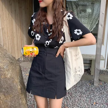 

Vintage Print Brief Fashion 2 Pcs Set A-line High Waist Zip Casual Two Piece Set Korean Single Breasted Summer Set Women