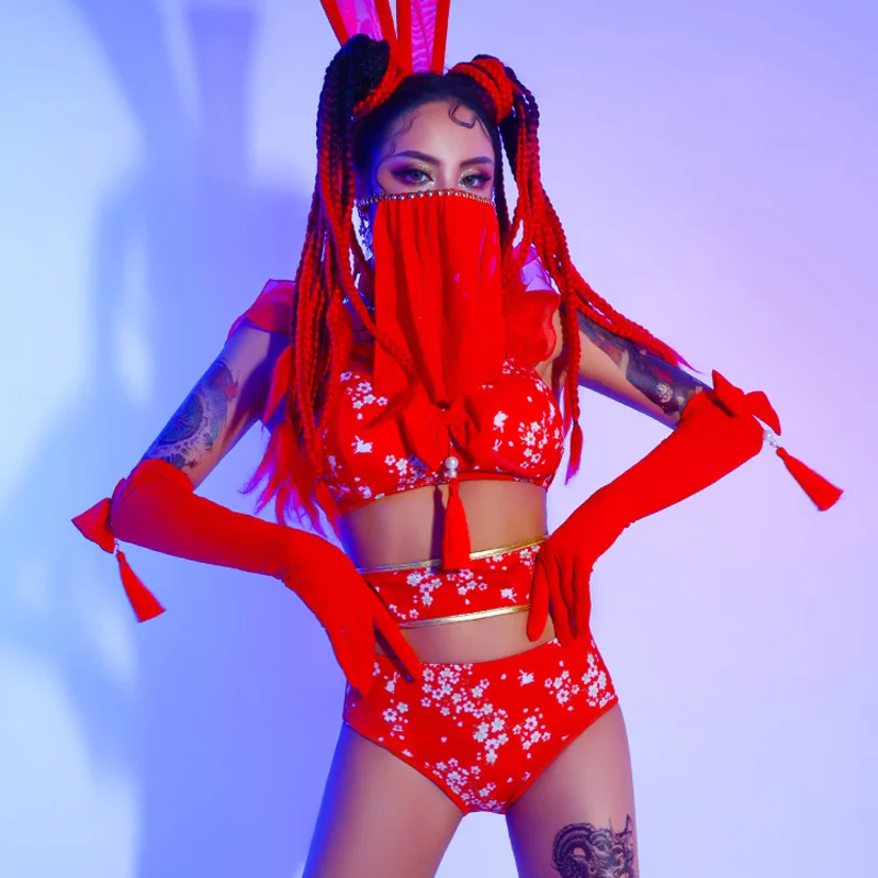 

Gogo Dancer Costume Adult Sexy Pole Dancing Wear Red Nightclub Costume Dancer Outfit Performance Costume DJ DS Clothing DL8003