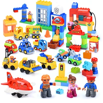 

City Engineering Construction Truck Airiport Big Size Building Blocks Compatible Duploed Police Bricks Kid Baby Toys Gifts