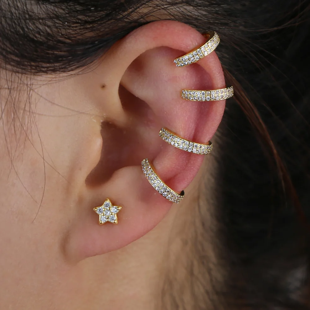 1piece Gold color white CZ Crystal Ear Cuff double piercing round cuff earrings for women no clip on earring jewelry | Украшения и