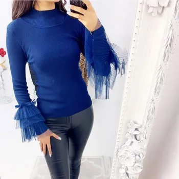 

Women Sweater Autumn Winter Mesh Stitching Top Slim Long-Sleeved High Collar Slim Bottom Blue Black Jumpers